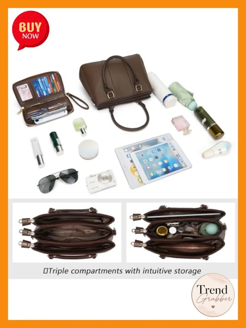 PU Leather Satchel Handbag with 3 Zippered Compartments and Wallet Set